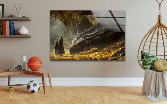 Dragon, the central subject in this fantasy gold glass wall art print, stands watch over its hoard in a treasure cave, an eye-catching home decoration.