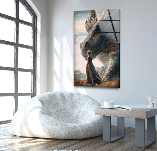 The clear edges and reflective borders define this fantasy glass wall artwork, depicting a dragon and woman in a silent encounter.