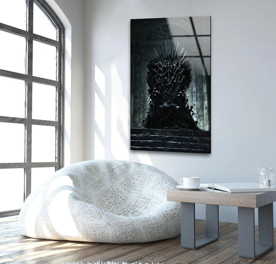 Dark tones dominate this gothic fantasy art from glass featuring the iron throne, creating a dramatic and bold decor piece for a modern interior.