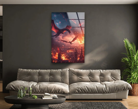 Lime-infused water and open books rest on a round table, framing the fantastical 'Flying Fire Dragons Over Burning City' glass wall prints.