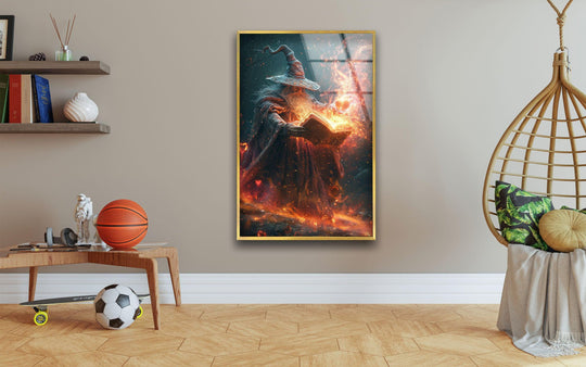 A golden border frames a wizard casting a fiery spell, adding enchantment to your home decor.
