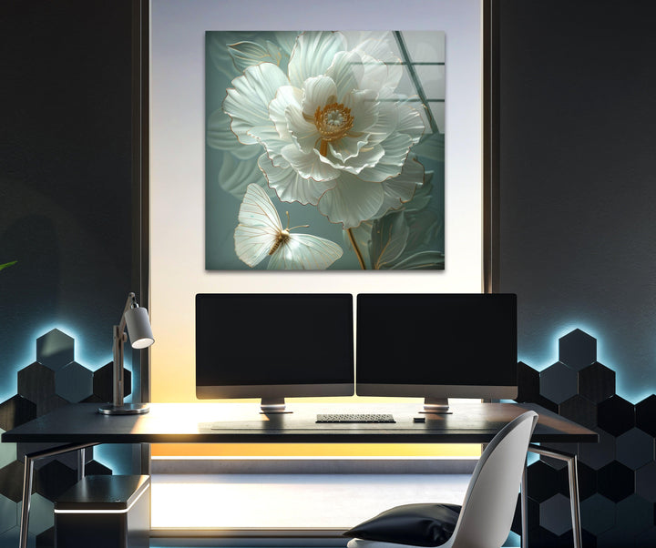 Gardenia Peony Glass Wall Art, large glass photo prints, glass wall photos