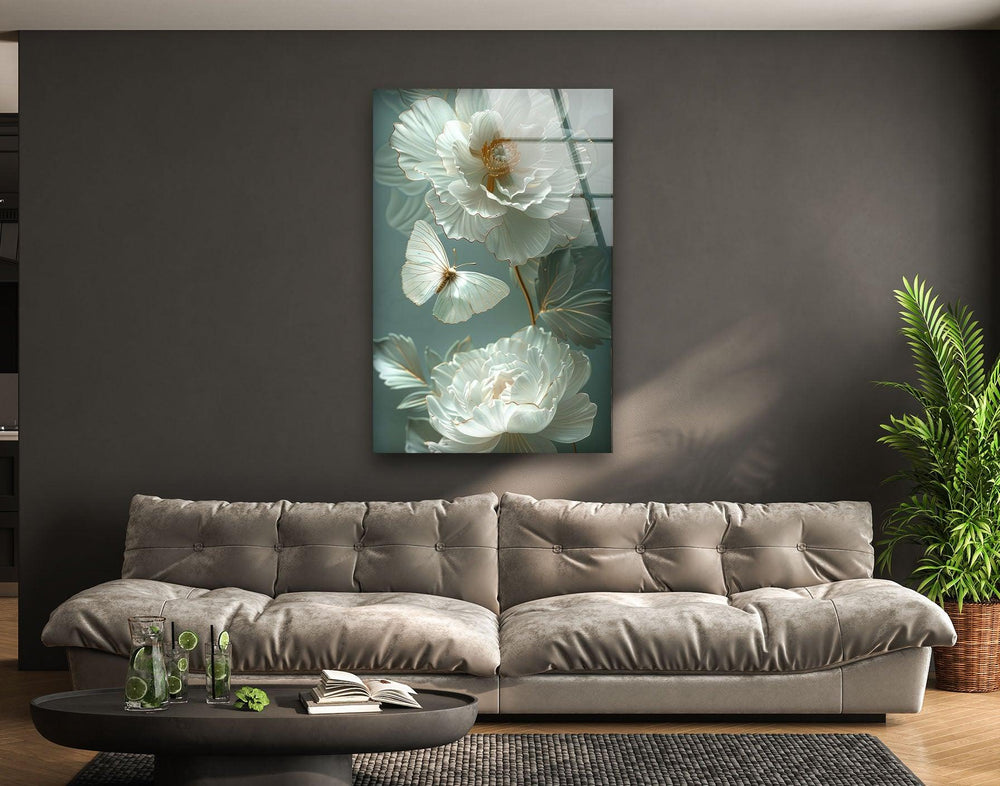 Gardenia Peony Glass Wall Art, glass wall decor, glass wall art decor