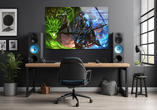 The focal point features the dual element warriors in a dynamic battle portrayed in the best glass art, with the vibrant clash of green and blue energies dominating.