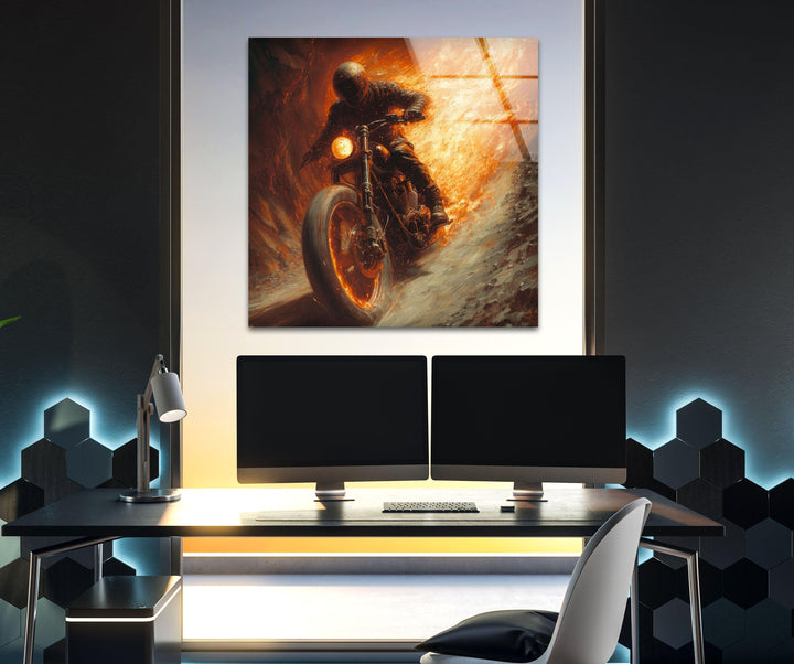 Ghost Rider Motorcycle Helmet Glass Wall Art,  glass pictures for Wall, glass prints wall art