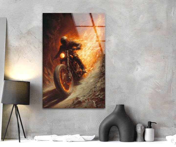 Ghost Rider Motorcycle Helmet Glass Wall Art,  glass art painting, glass art for the Wall