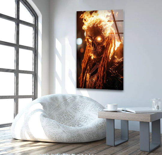 Featuring a high-gloss finish, this flaming skull rider glass wall art exemplifies unique home decor with a dramatic dark fantasy motif.