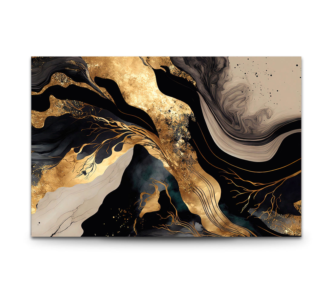 Black & Gold Abstract Glass Wall Art – Luxury Modern Fluid Design
