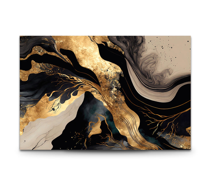 Black & Gold Abstract Glass Wall Art – Luxury Modern Fluid Design