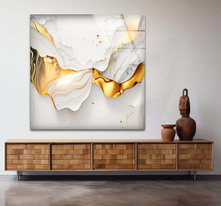 Marble Gold Wave Wall Art – Luxury Abstract Glass Print for Modern Interiors