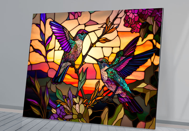 Hummingbird Stained Glass Wall Art – Sunset Floral Window Panel