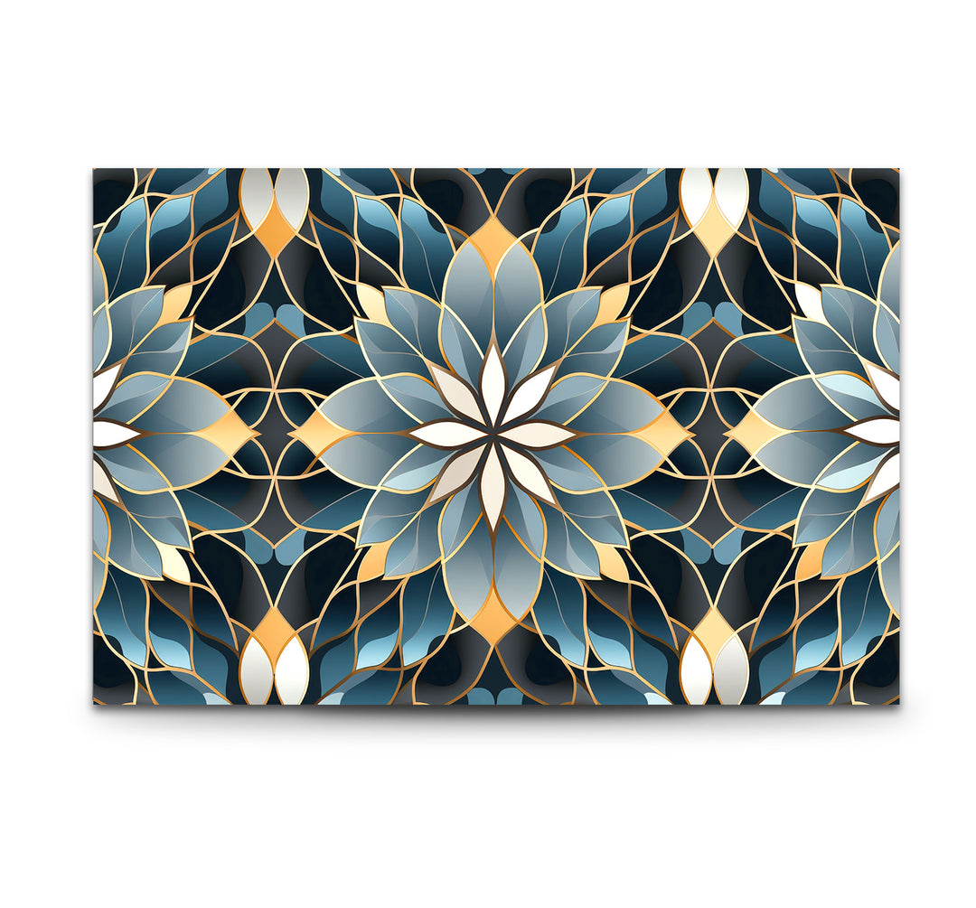 Elegant Lotus Mandala Glass Wall Art – Blue Gold Sacred Geometry Pattern