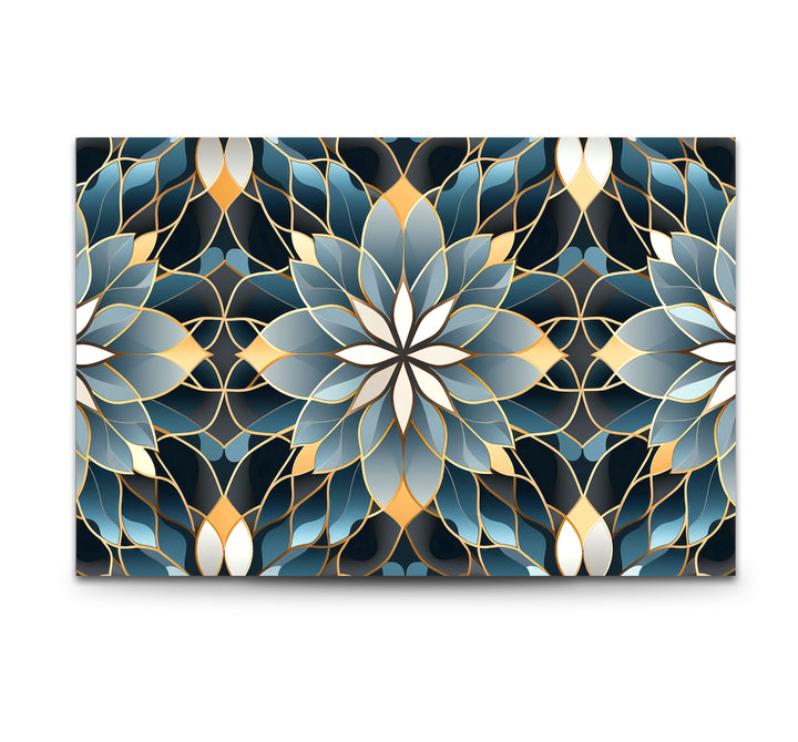 Elegant Lotus Mandala Glass Wall Art – Blue Gold Sacred Geometry Pattern