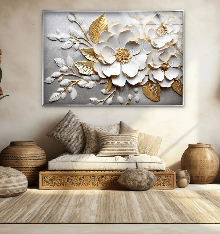 White Gold Floral Wall Art – 3D Textured Flower Print on Glass Panel - MyPhotoStation