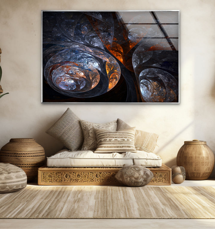 Cosmic Fractal Swirl Wall Art – Dark Abstract Universe Glass Print