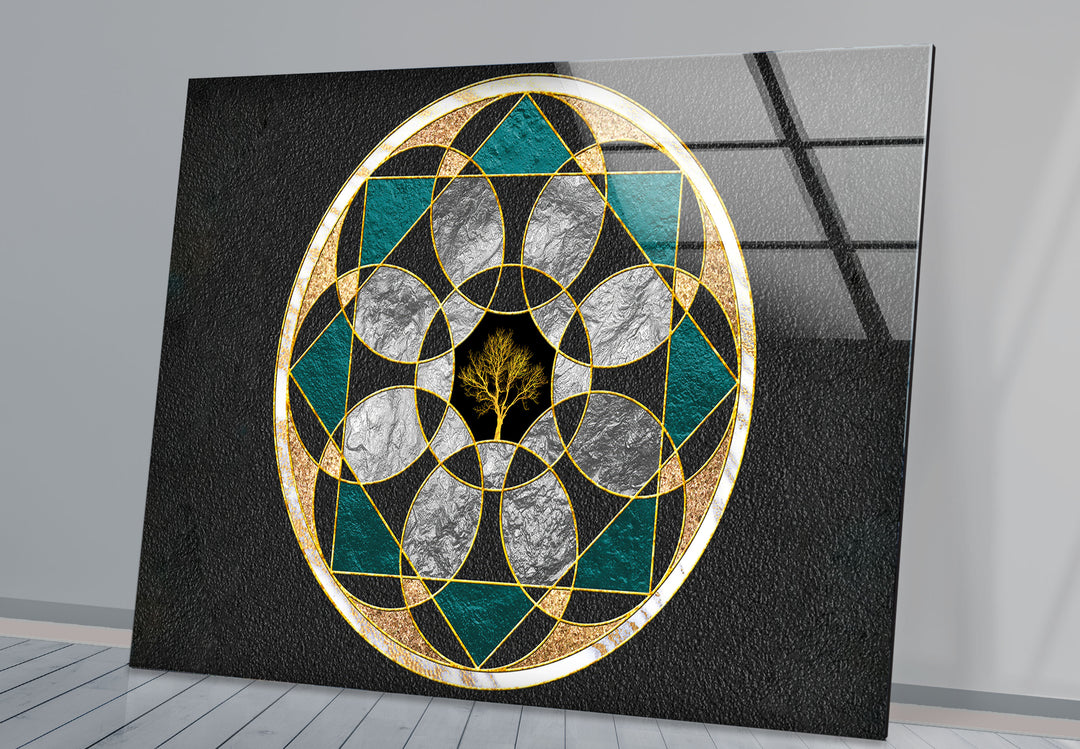 Wandkunst mit heiliger Geometrie, Baum des Lebens – Moderne Glasplatte mit goldenem Mandala-Design