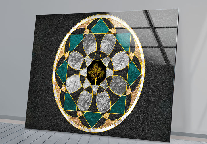 Wandkunst mit heiliger Geometrie, Baum des Lebens – Moderne Glasplatte mit goldenem Mandala-Design