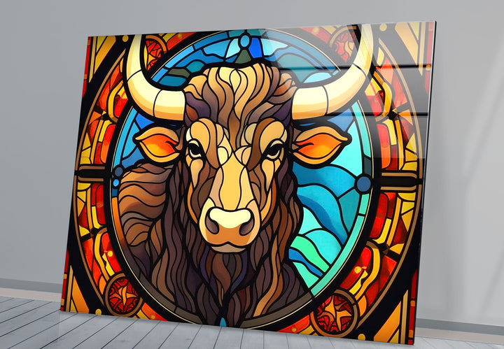 Wanddekoration mit Stier aus Buntglas – Rustikales Dekor, modernes Tierdesign 