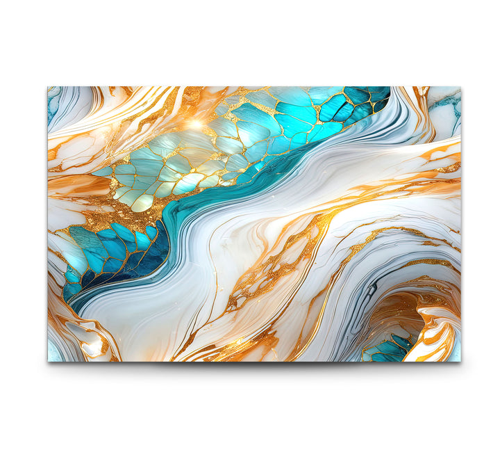 Luxuriöse Wandkunst aus goldenem und türkisfarbenem Marmor – Abstraktes, fließendes Design für moderne Innenräume