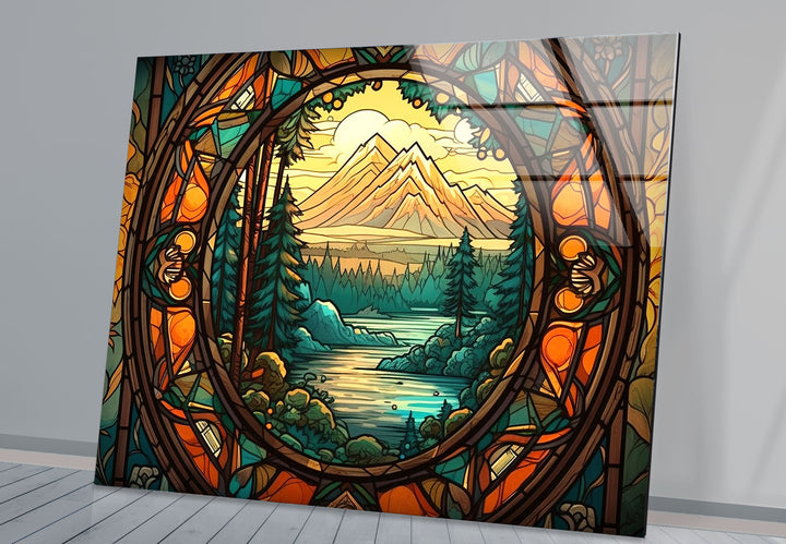 Stained Glass Mountain Landscape – Scenic Forest & River Window Panel
