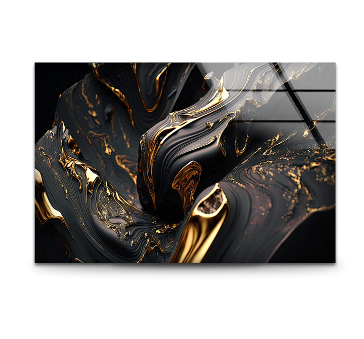 Black Gold Swirl Wall Art – Luxury Abstract Fluid Glass Print for Interiors