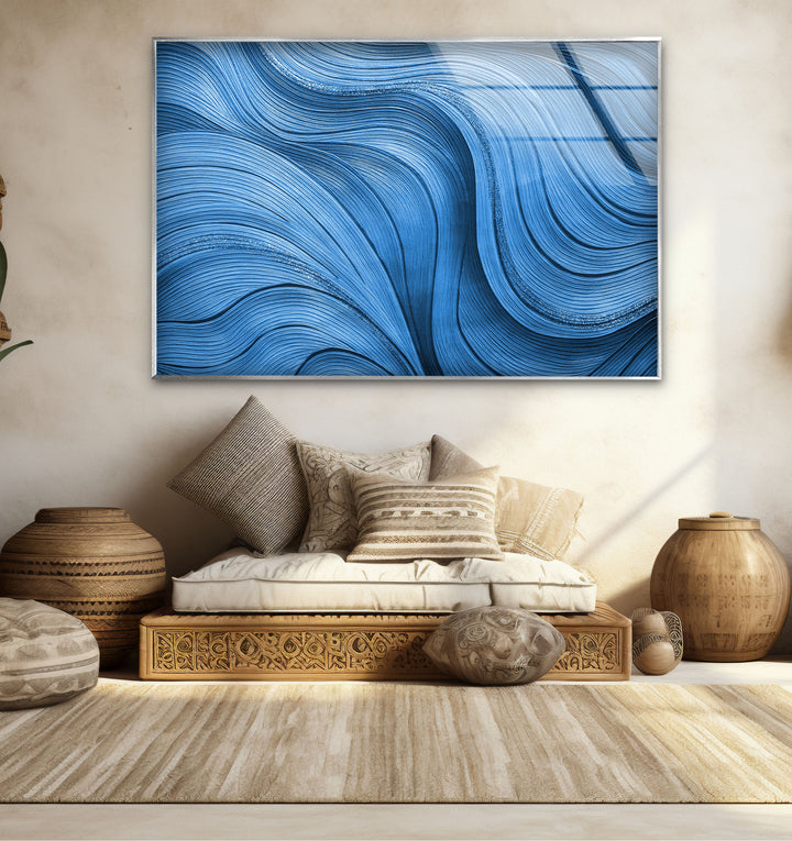 Blue Flow Line Wall Art – Modern Minimalist Wave Glass Print