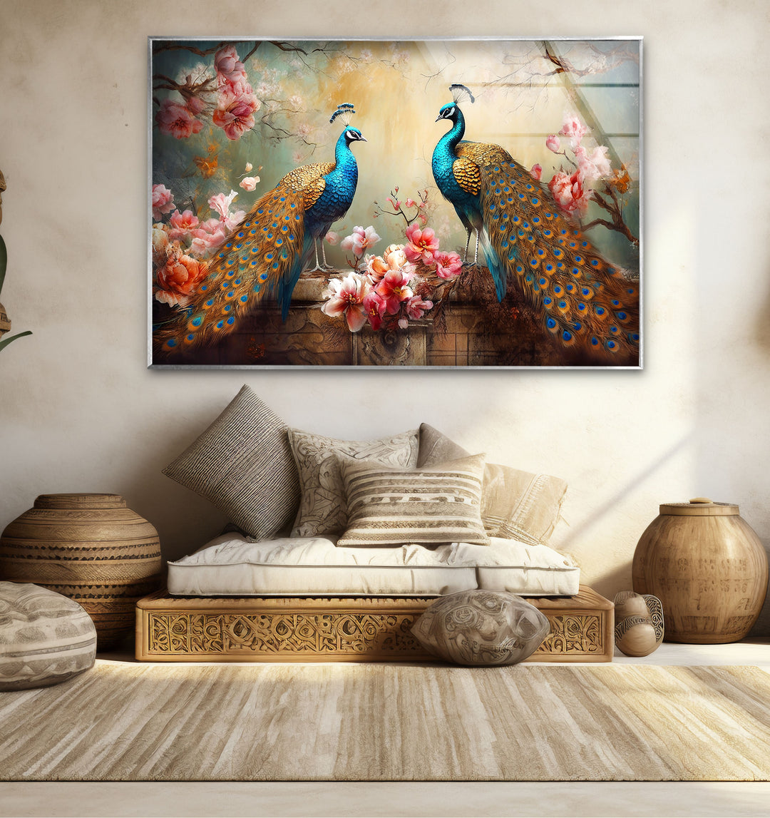 Elegant Peacock Wall Art – Floral Tempered Glass Print for Luxury Interiors