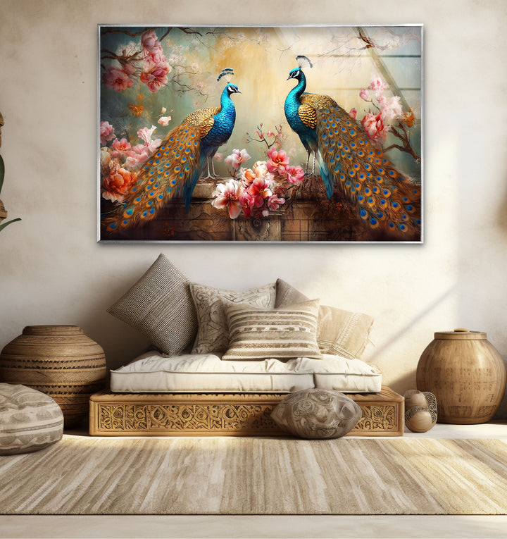 Elegant Peacock Wall Art – Floral Tempered Glass Print for Luxury Interiors