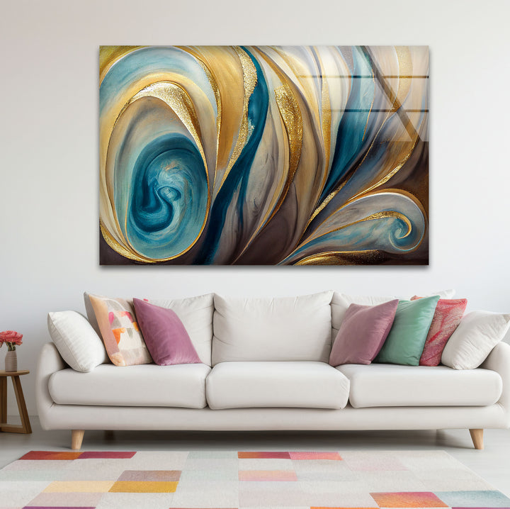 Teal Gold Swirl Wall Art – Elegant Abstract Glass Print for Modern Interiors