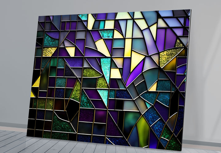 Modern Abstract Stained Glass Wall Art – Purple & Gold Geometric Decor