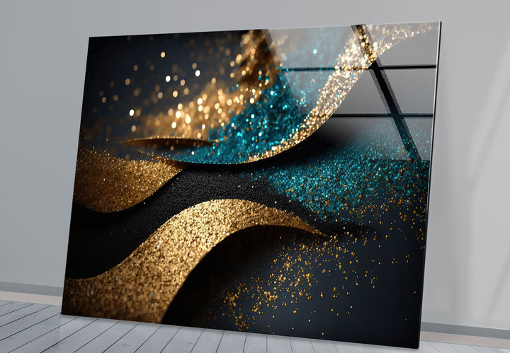 Gold Teal Glitter Wave Wall Art – Luxury Sparkle Abstract Glass Print
