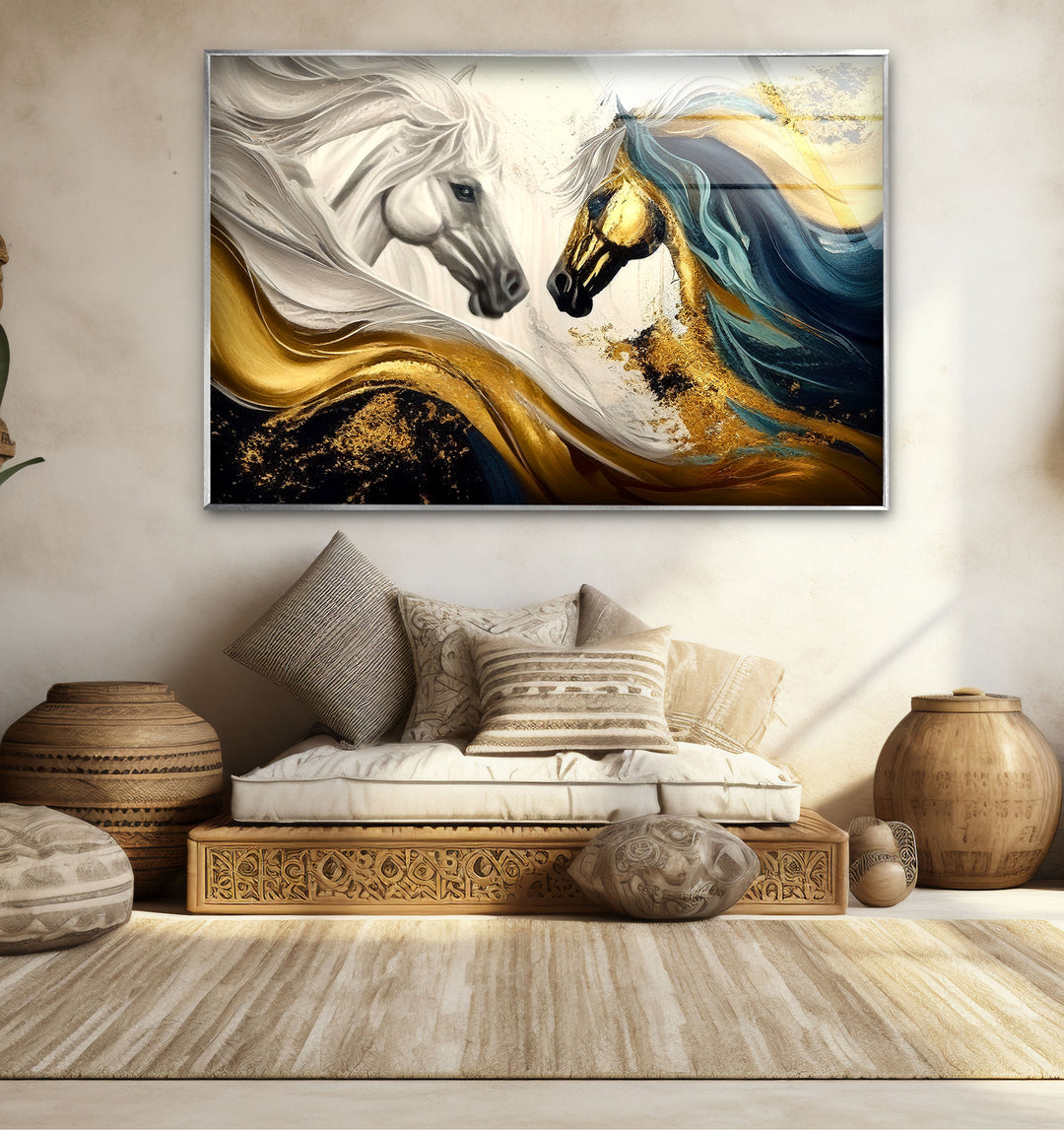 Majestic Gold Horses Wall Art – Luxury Abstract Equine Glass Print