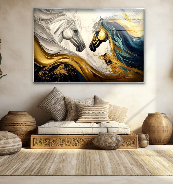 Majestic Gold Horses Wall Art – Luxury Abstract Equine Glass Print