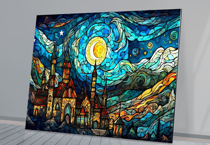 Van Gogh Sternennacht Schloss Glaswandkunst – Buntglas-inspiriert 