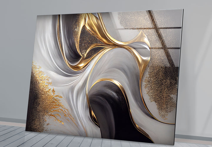 Gold Black White Abstract Wall Art – Elegant Fluid Wave Glass Print for Luxury Interiors