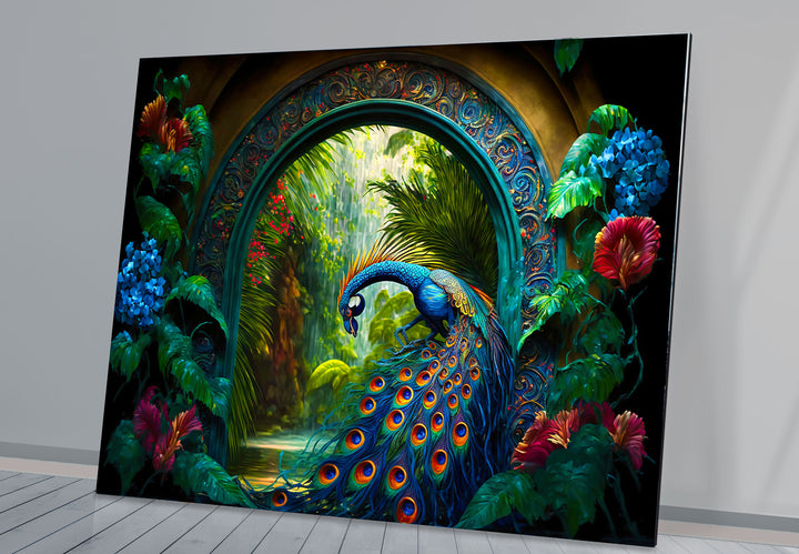 Majestic Peacock Garden Glass Wall Art – Elegant Nature-Inspired Decor
