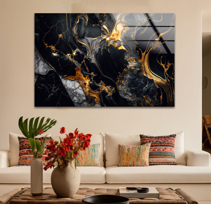 Black Marble Gold Flow Wall Art – Luxury Abstract Glass Print for Modern Interiors
