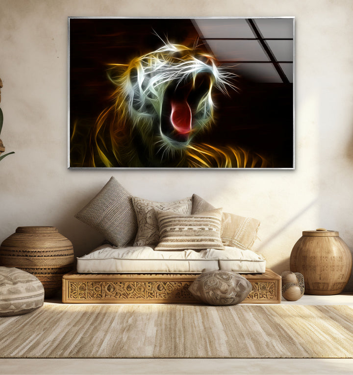 Electric Roar Tiger Wandkunst – Neon Wildtier Glasdruck Dekor