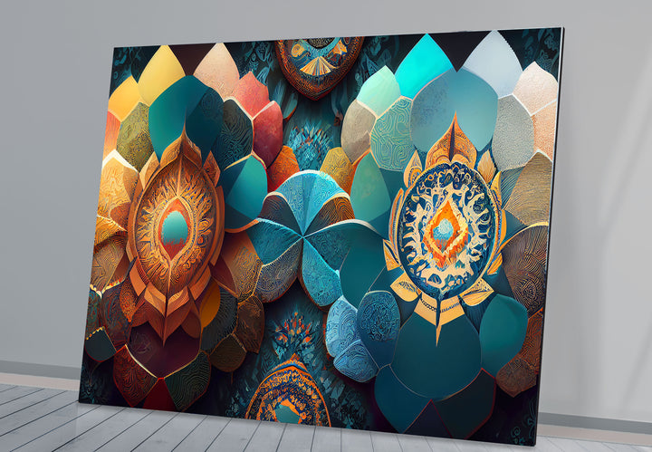 Luxuriöse Mandala-Wandkunst aus Glas – Abstraktes geometrisches Blumendesign