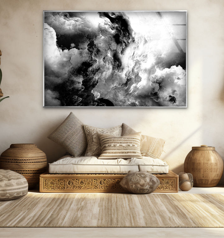 Monochrome Storm Wall Art – Black and White Cloud Glass Print Decor