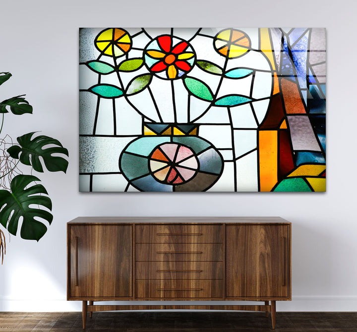 Floral Stained Glass Wall Art – Colorful Flower Vase Mosaic Panel