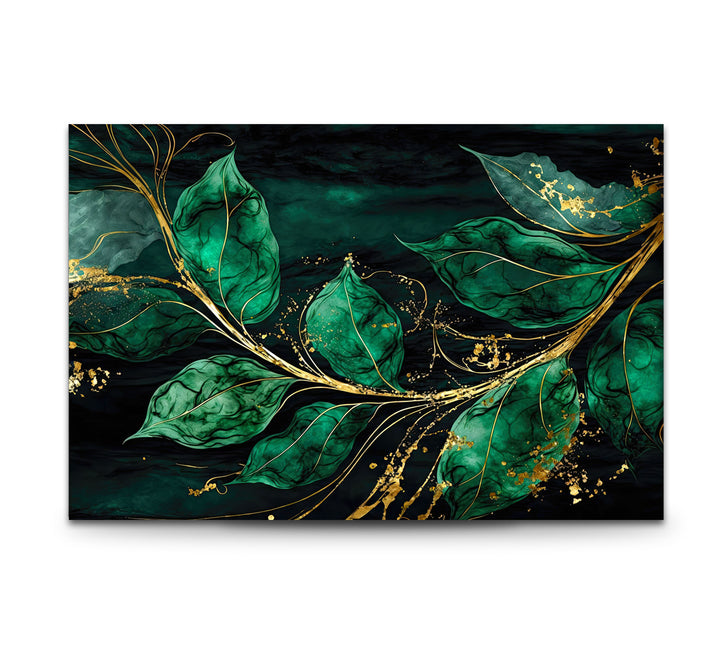 Smaragdgrüne und goldene Glaswandkunst – Elegantes botanisches Blattdesign