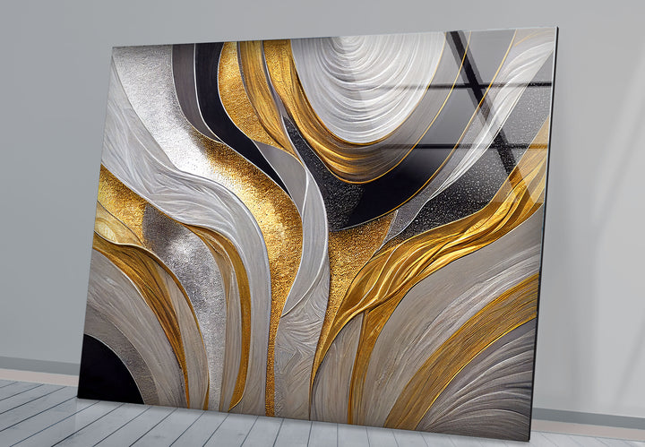 Silver Gold Wave Wall Art – Luxury Abstract Fluid Glass Print Décor