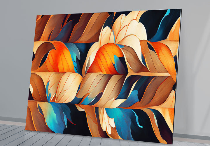 Abstract Feather Flow Glass Wall Art – Earthy Orange & Teal Nature Design