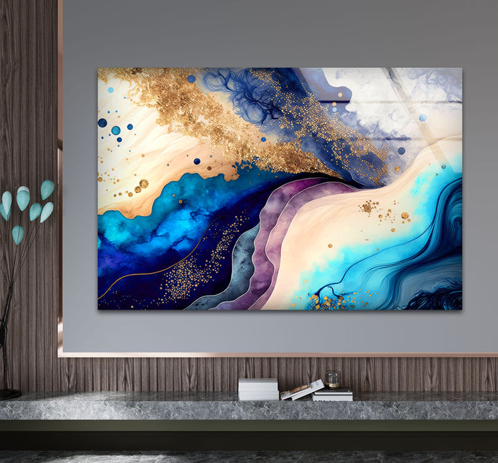 Elegant Blue & Gold Abstract Glass Wall Art – Luxury Modern Decor