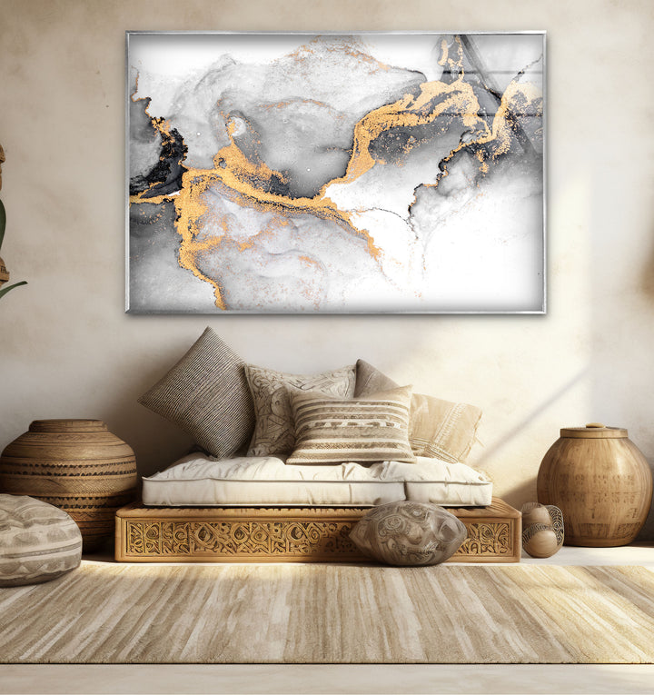 Black White and Gold Abstract Wall Art – Minimalist Glass Print for Modern Decor