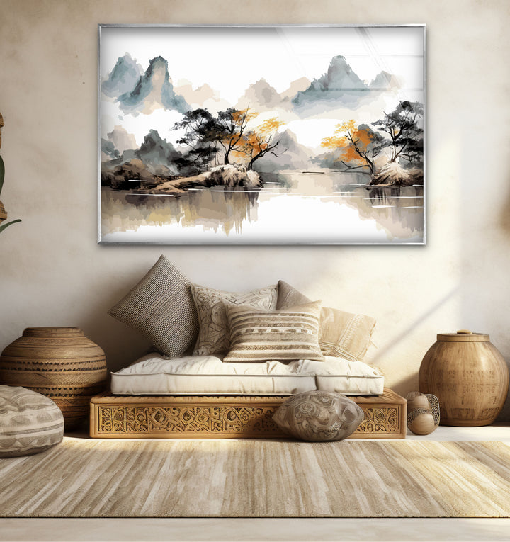Serene Mountain Lake Wall Art – Asian Landscape Ink Style Glass Print