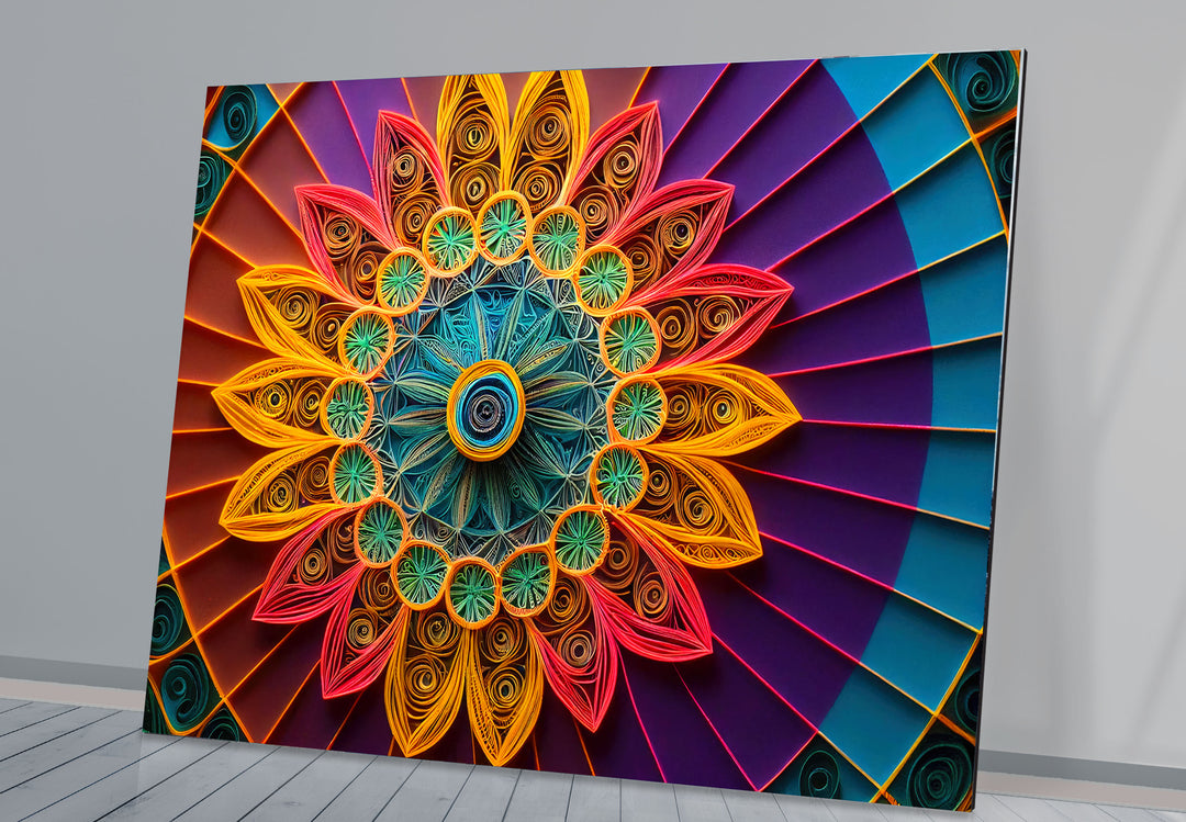Mandala Glass Wall Art – Vibrant 3D Geometric Paper Design