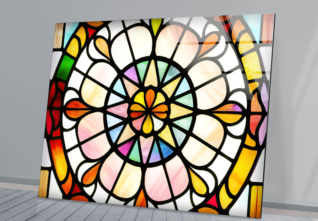 Bunte Buntglas-Wandkunst – Lebendiges Rosenfenster-Glasdesign 