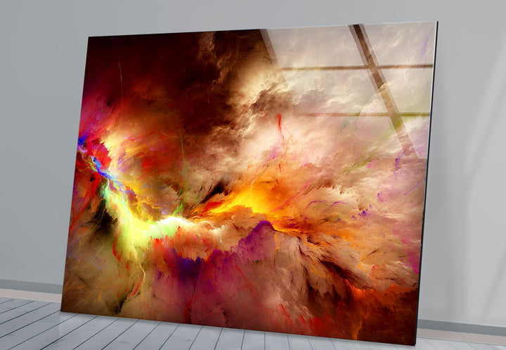 Fiery Nebula Explosion Wall Art – Abstract Cosmic Storm Glass Print Decor